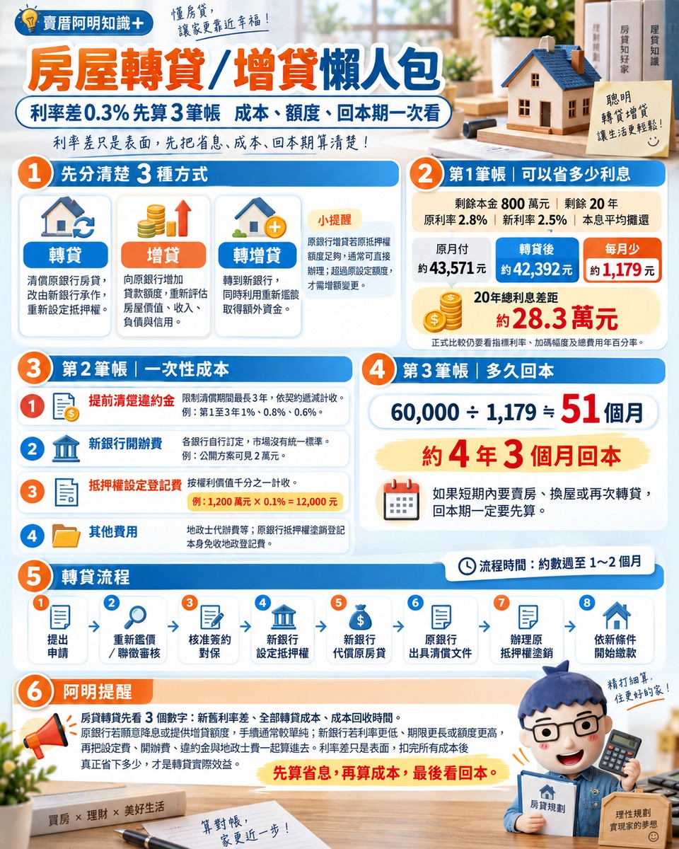 房屋轉貸／增貸懶人包｜利率差0.3%先算3筆帳　成本、額度、回本期一次看