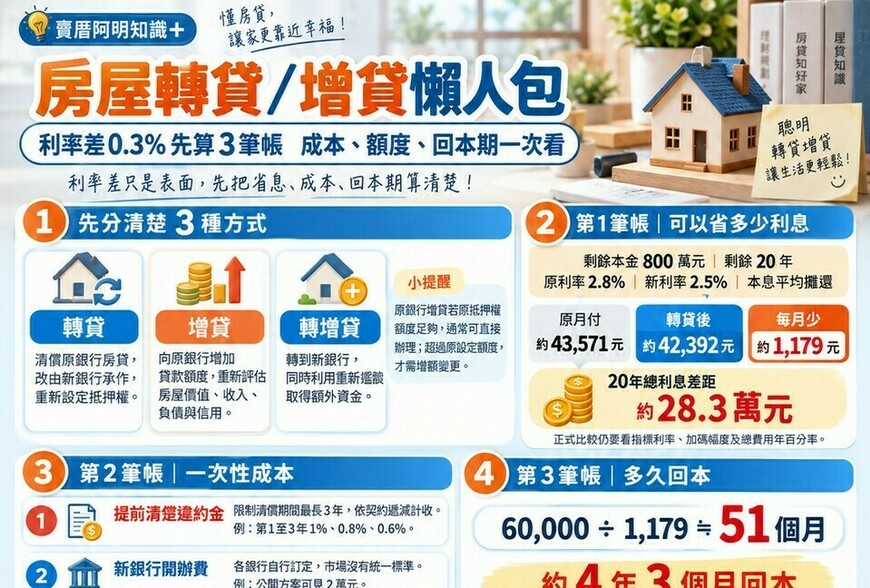 房屋轉貸／增貸懶人包｜利率差0.3%先算3筆帳　成本、額度、回本期一次看