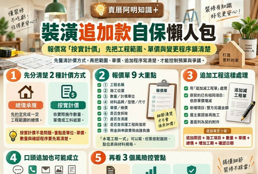 裝潢追加款自保懶人包｜報價寫「按實計價」先把工程範圍、單價與變更程序鎖清楚
