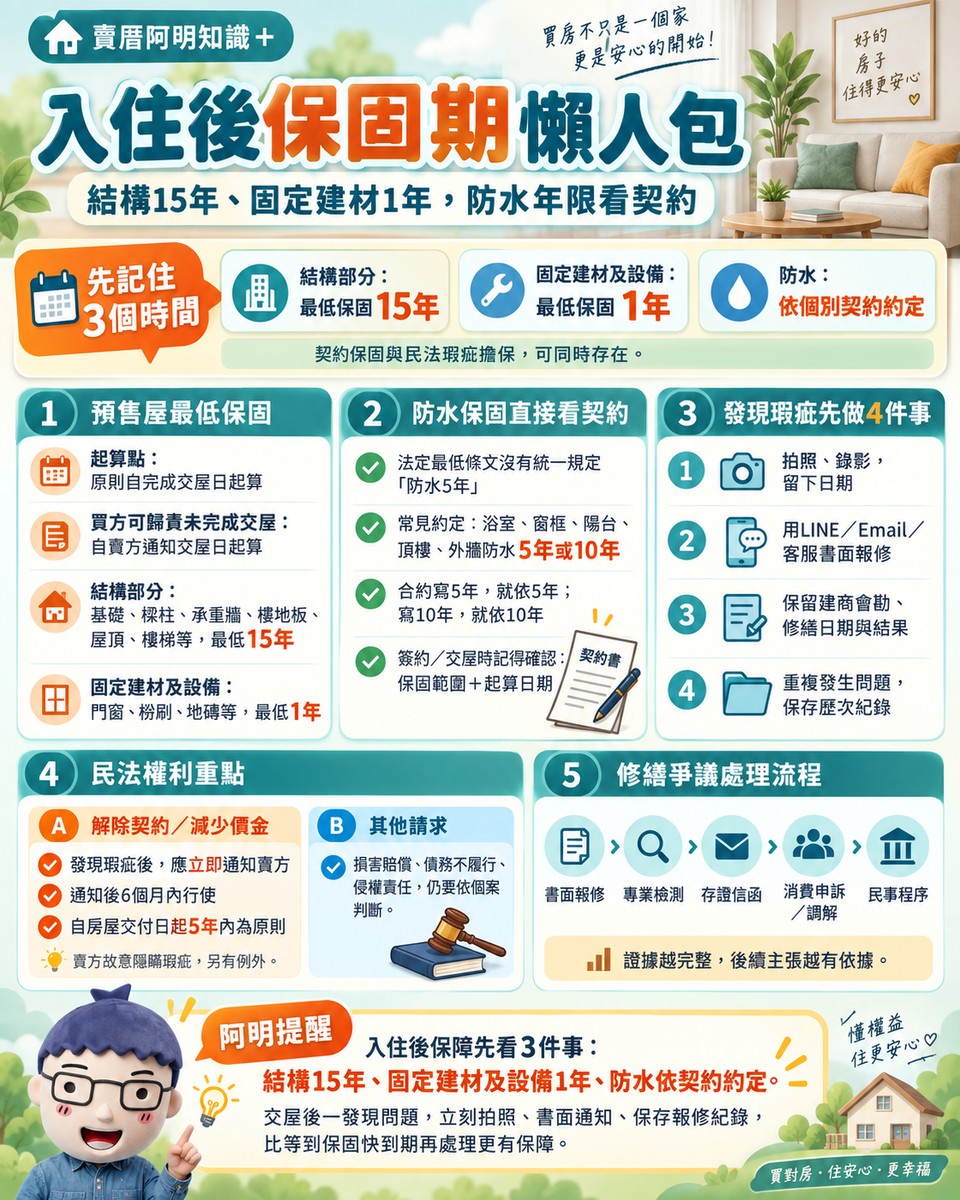 入住後保固期懶人包｜結構15年、固定建材1年，防水年限看契約