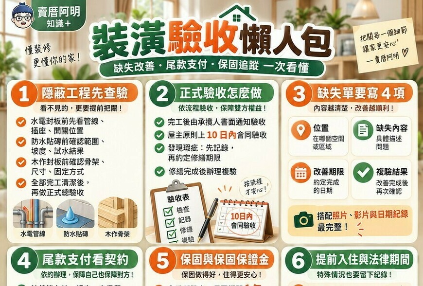 裝潢驗收懶人包｜缺失改善、尾款支付、保固追蹤SOP一次看懂