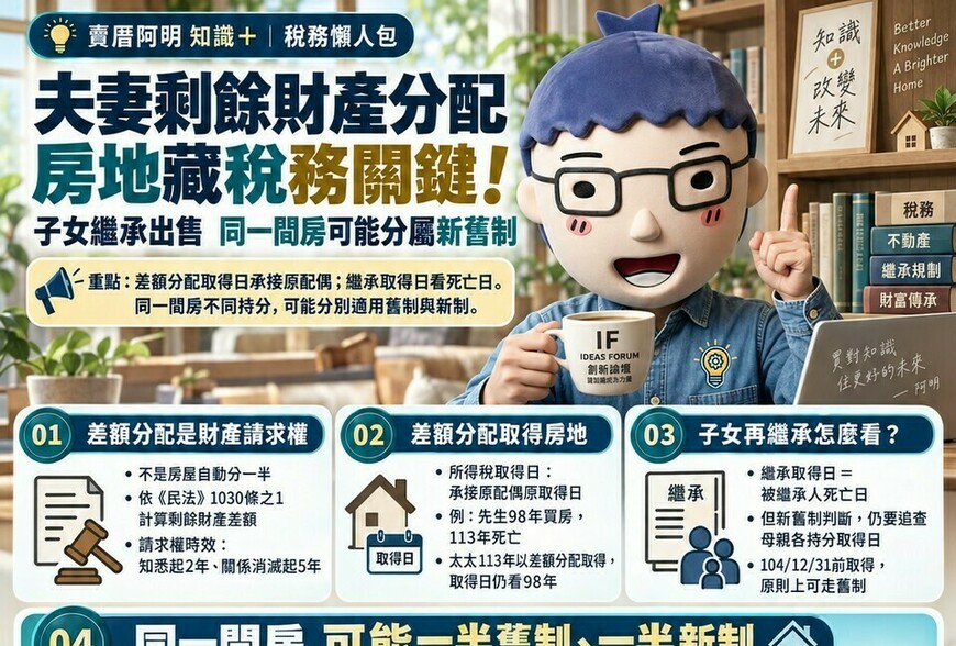 夫妻剩餘財產分配房地藏稅務關鍵！子女繼承出售　同一間房可能分屬新舊制 賣厝阿明 知識＋