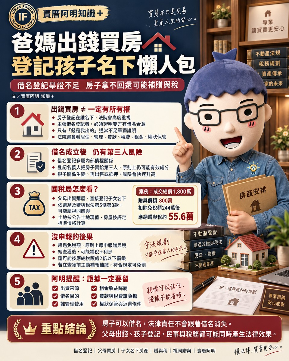 爸媽出錢買房登記孩子名下懶人包｜借名登記舉證不足　房子拿不回還可能補贈與稅