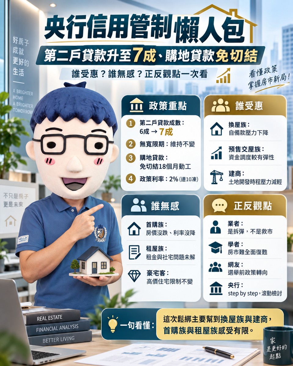 央行信用管制｜第二戶貸款升至7成、購地貸款免切結 誰受惠？誰無感？正反觀點一次看