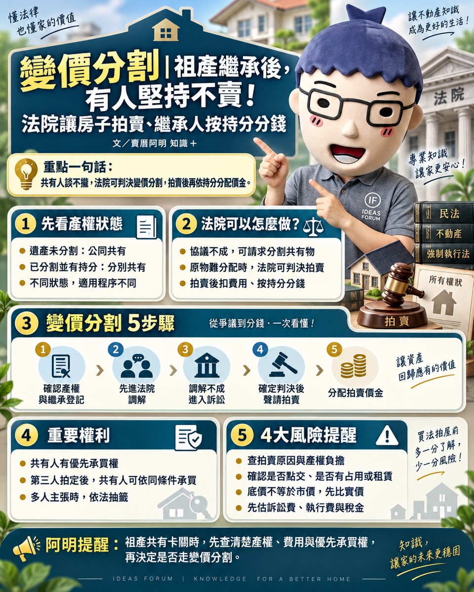 變價分割 | 祖產繼承後，有人堅持不賣！法院讓房子拍賣、繼承人按持分分錢