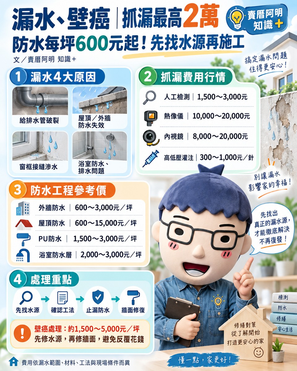 漏水、壁癌｜抓漏最高2萬、防水每坪600元起！先找水源再施工，避免花錢反覆修