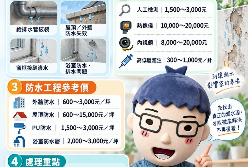 漏水、壁癌｜抓漏最高2萬、防水每坪600元起！先找水源再施工，避免花錢反覆修
