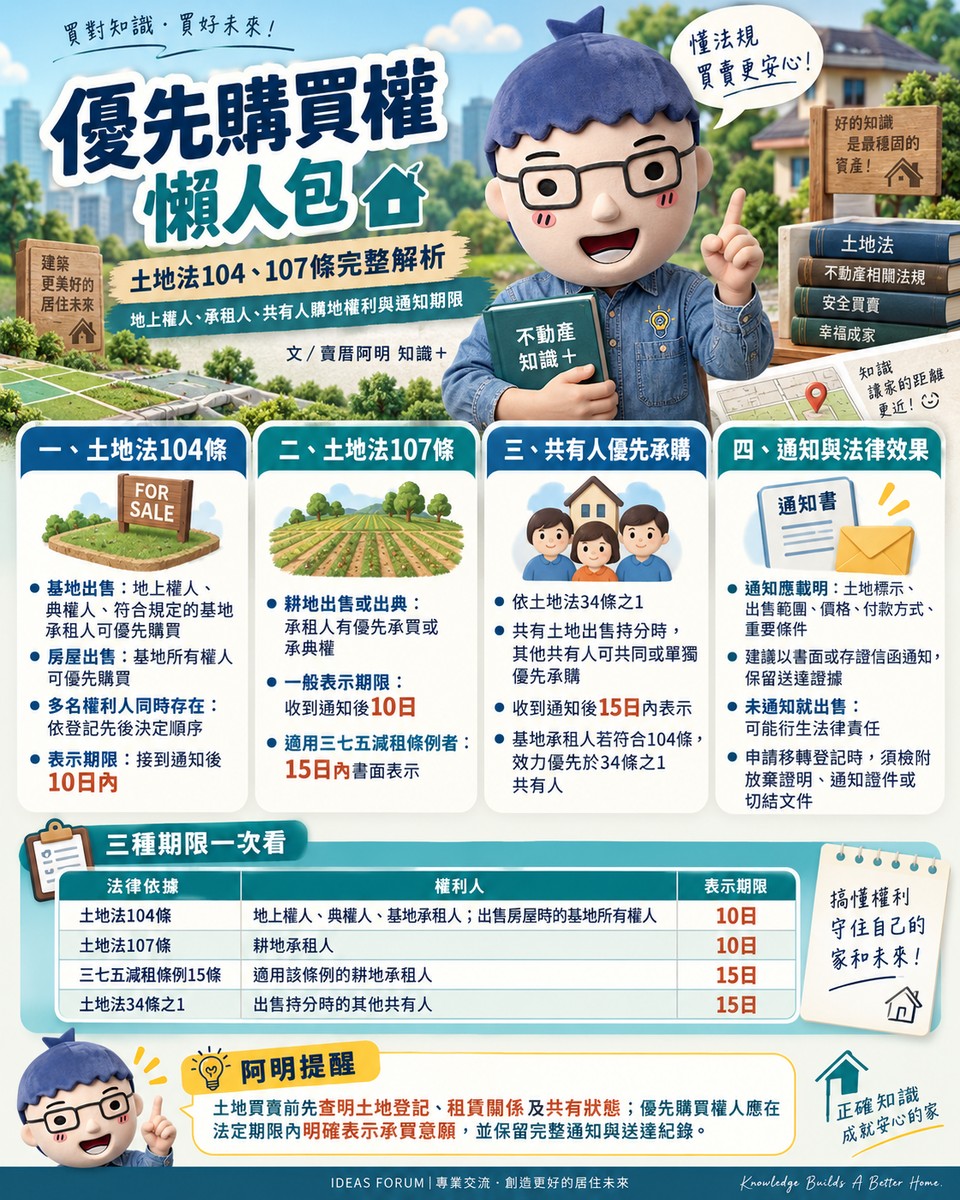 優先購買權懶人包｜土地法104、107條完整解析！地上權人、承租人、共有人購地權利與通知期限