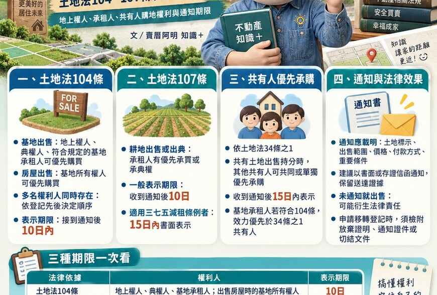 優先購買權懶人包｜土地法104、107條完整解析！地上權人、承租人、共有人購地權利與通知期限