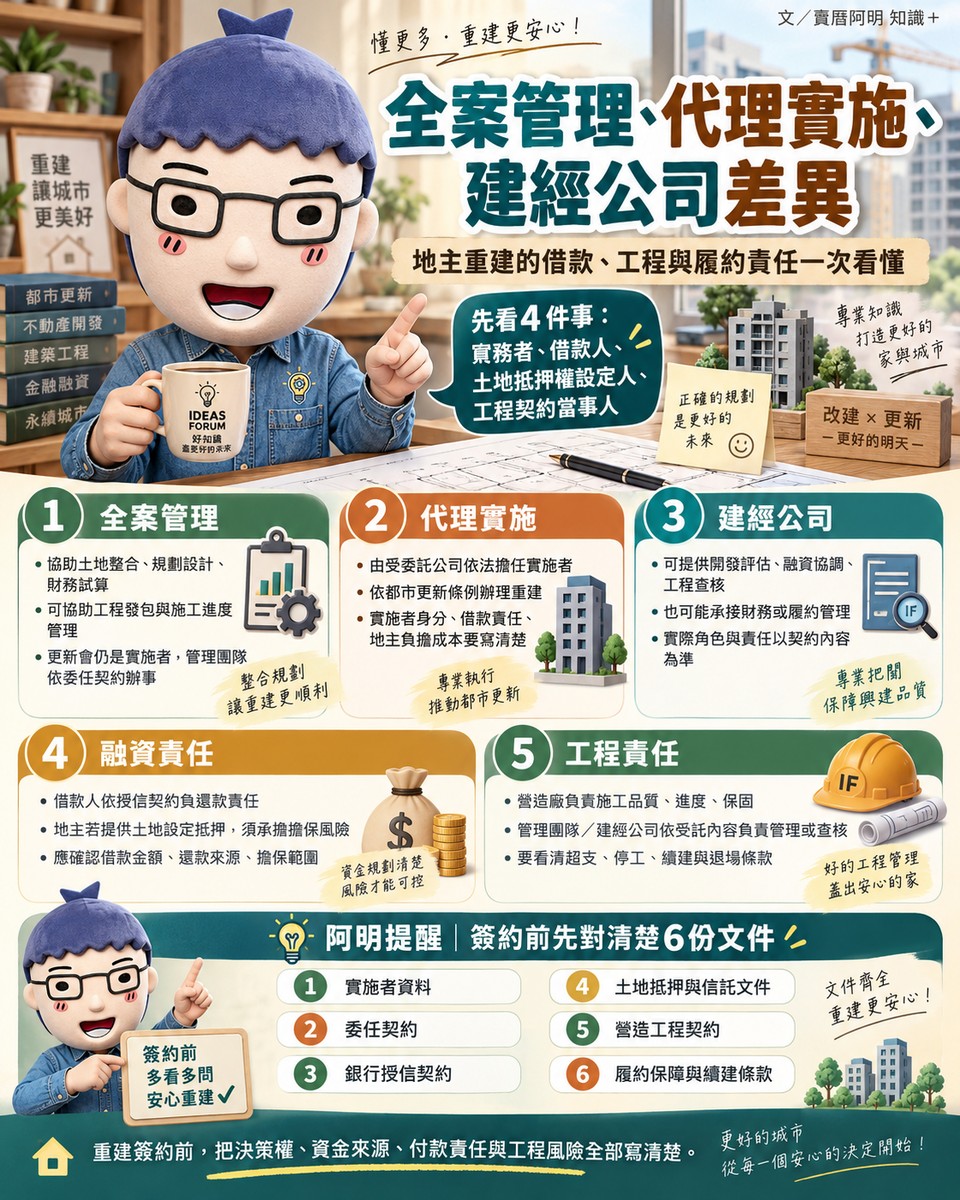 全案管理、代理實施、建經公司差異｜地主重建的借款、工程與履約責任一次看懂