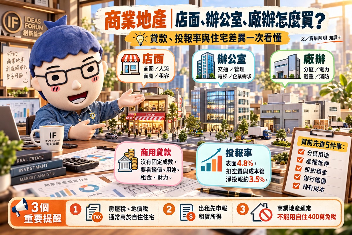 商業地產｜店面、辦公室、廠辦怎麼買？貸款、投報率與住宅差異一次看懂