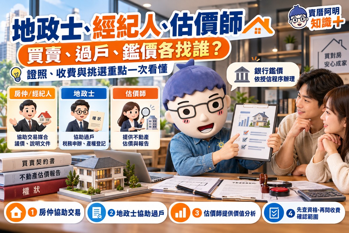 地政士、經紀人、估價師｜買賣、過戶、鑑價各找誰？證照、收費與挑選重點一次看懂