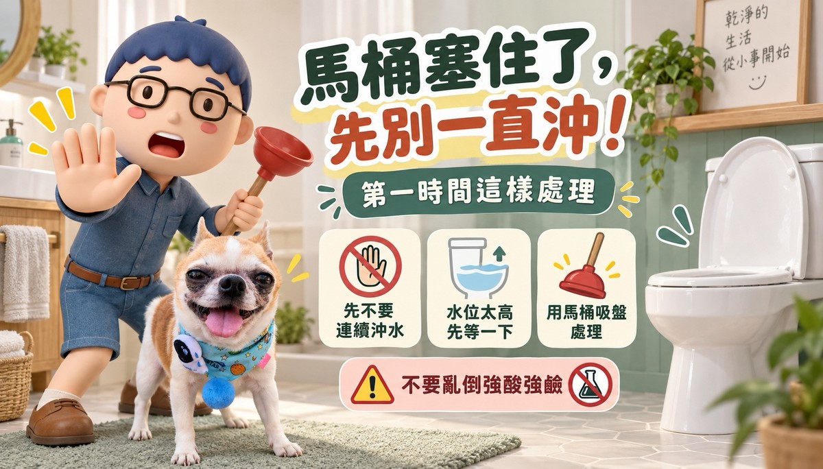 馬桶塞住了，先別一直沖！第一時間這樣處理