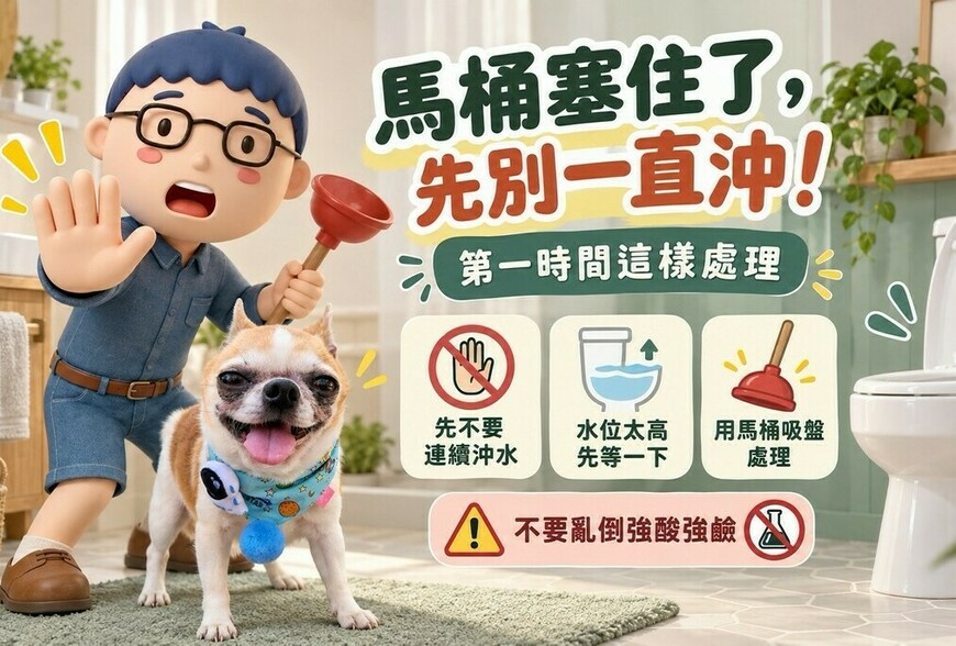 馬桶塞住了，先別一直沖！第一時間這樣處理