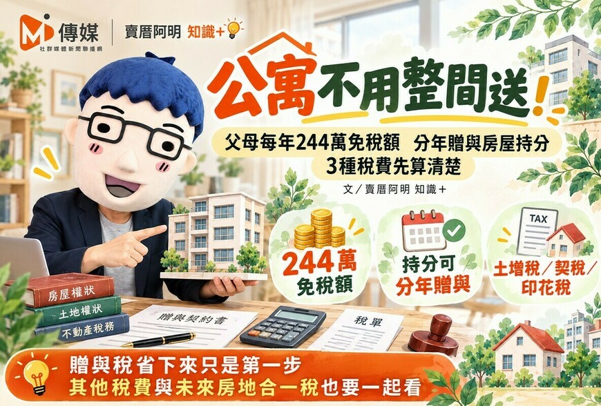 公寓不用整間送！父母每年244萬免稅額　阿明教你分年贈與房屋持分，3種稅費先算清楚