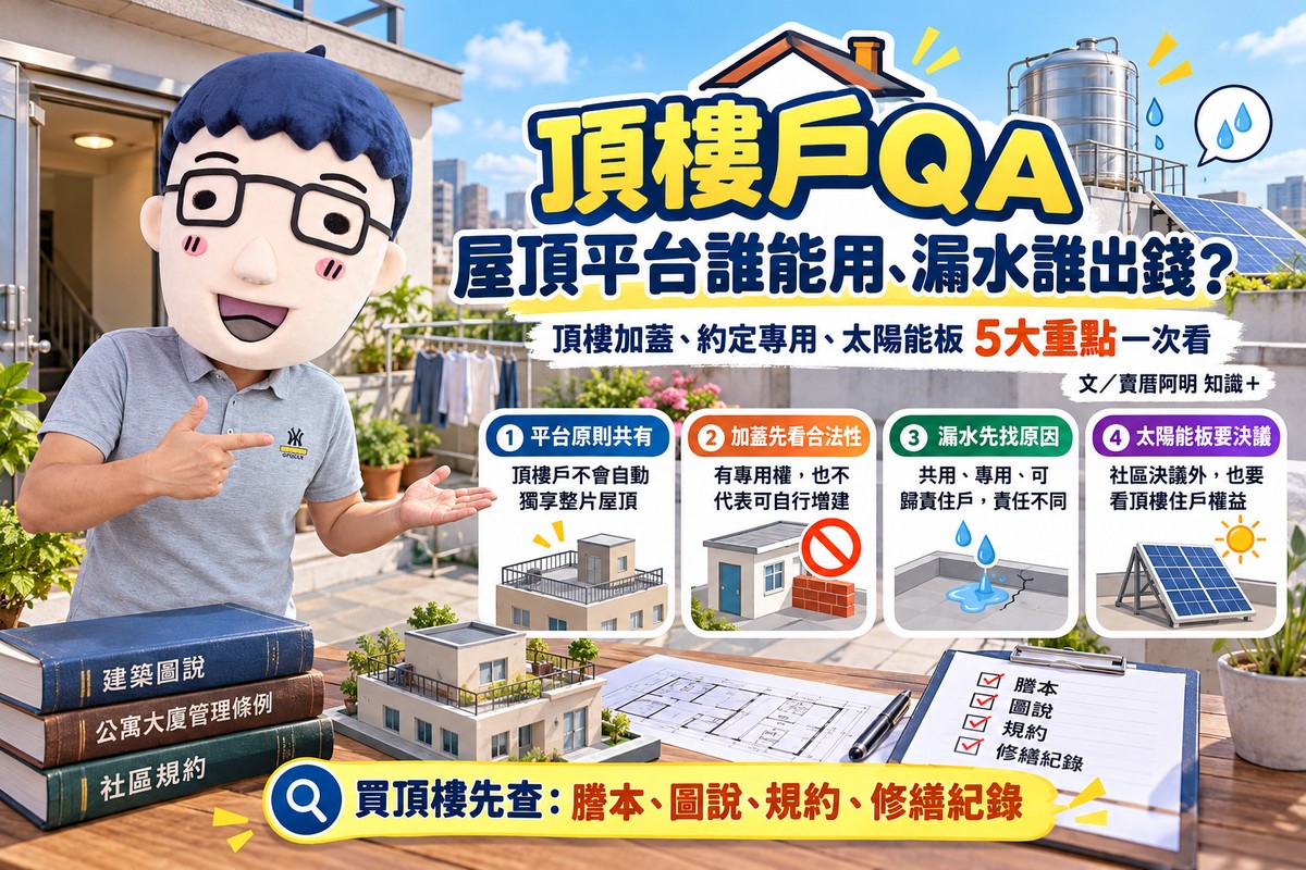 頂樓戶QA｜屋頂平台誰能用、漏水誰出錢？頂樓加蓋、約定專用、太陽能板5大重點一次看