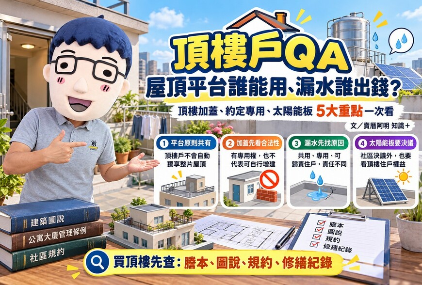頂樓戶QA｜屋頂平台誰能用、漏水誰出錢？頂樓加蓋、約定專用、太陽能板5大重點一次看