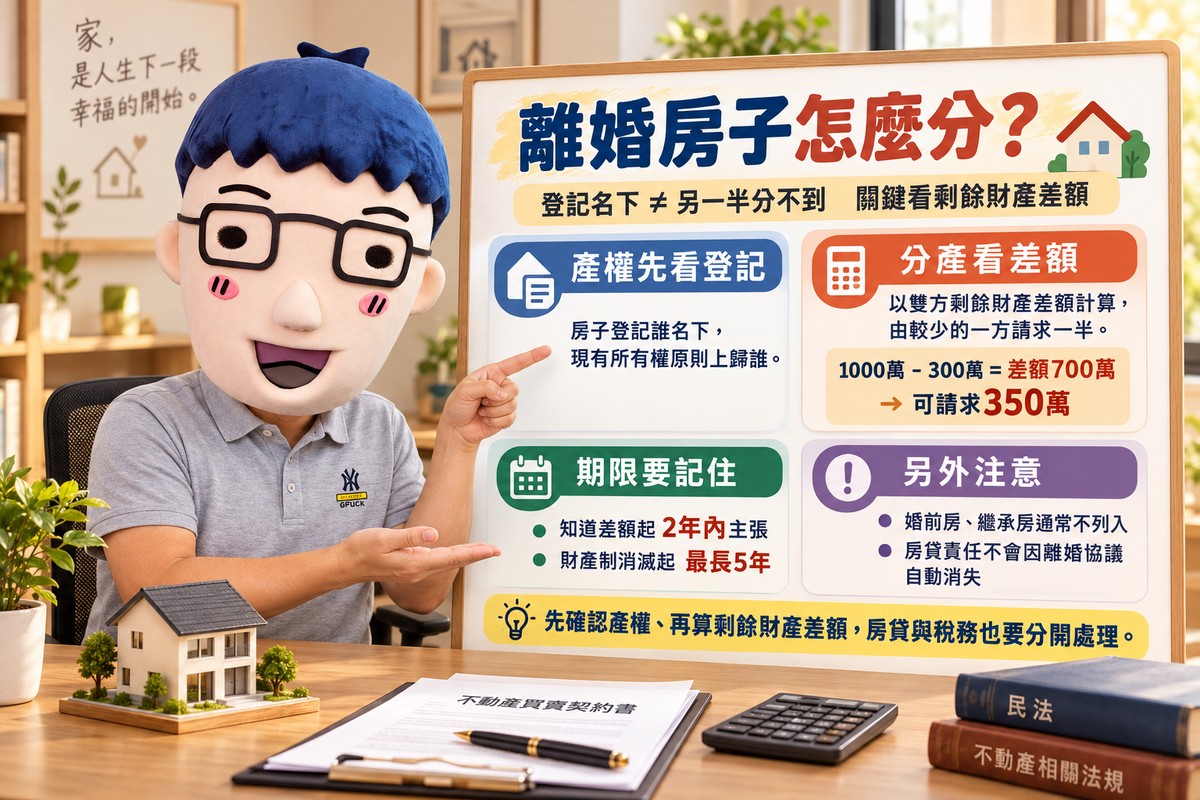 離婚房子登記誰名下就歸誰！婚後財產差額可分一半　阿明試算350萬分配與2大請求期限