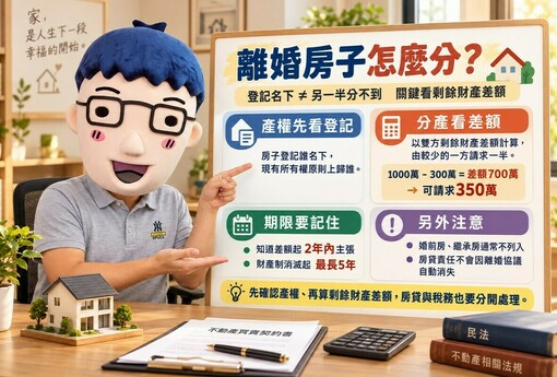 離婚房子登記誰名下就歸誰！婚後財產差額可分一半　阿明試算350萬分配與2大請求期限