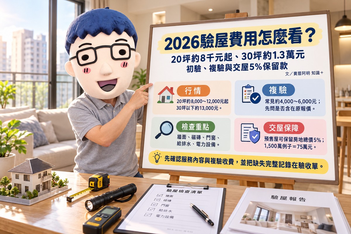 2026驗屋費用｜20坪約8千元起、30坪約1.3萬元　初驗複驗與交屋5%保留款一次看懂