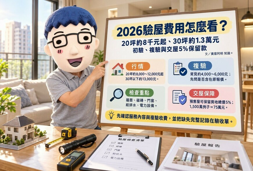 2026驗屋費用｜20坪約8千元起、30坪約1.3萬元　初驗複驗與交屋5%保留款一次看懂