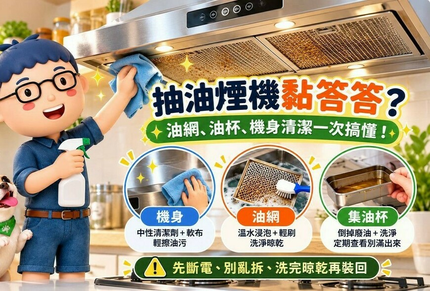 抽油煙機黏答答？油網、油杯、機身清潔一次搞懂！