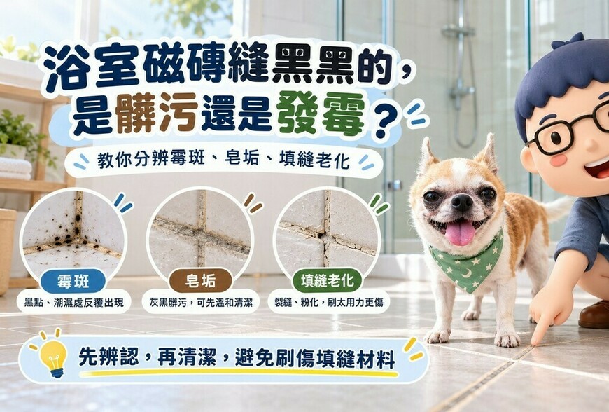 浴室磁磚縫黑黑的，是髒污還是發霉？3種狀況教你分辨，清潔別再猛刷！