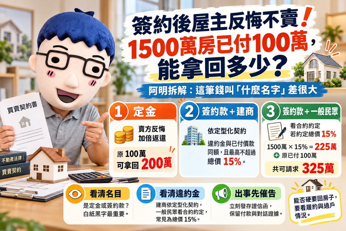 簽約後屋主反悔不賣！1500萬房已付100萬，能拿回多少？專家拆解：這筆錢叫「什麼名字」差很大！