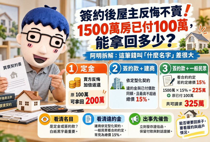 簽約後屋主反悔不賣！1500萬房已付100萬，能拿回多少？專家拆解：這筆錢叫「什麼名字」差很大！