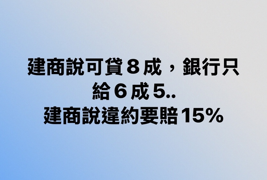 建商說可貸8成，銀行只給6成5. 建商說違約要賠15%