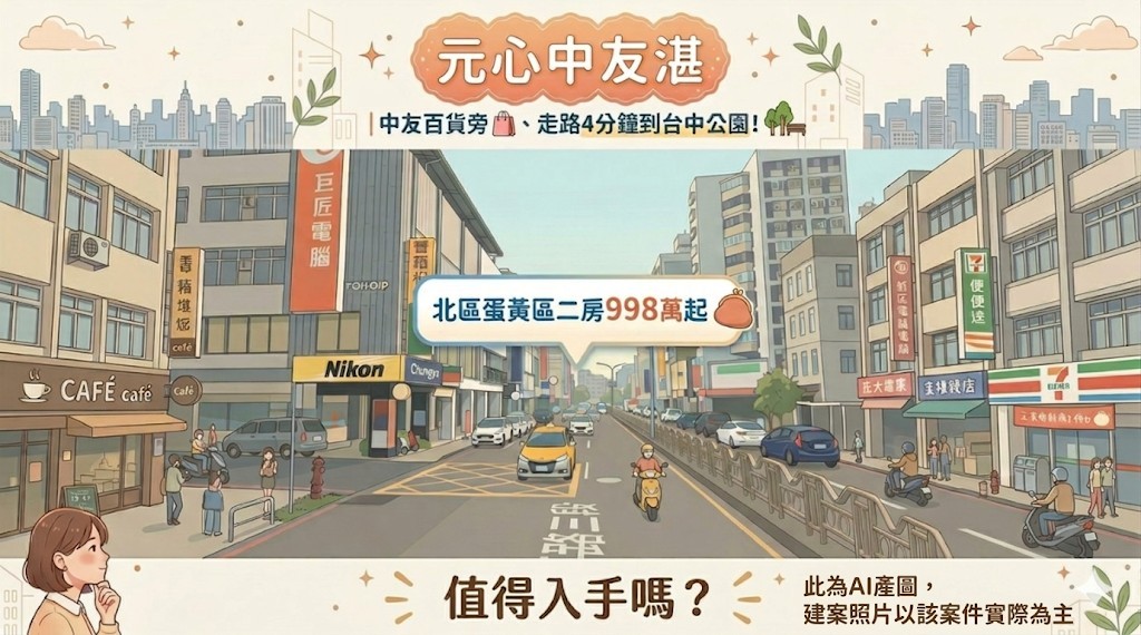 元心中友湛｜中友百貨旁、走路4分鐘到台中公園！北區蛋黃區二房998萬起，值得入手嗎？