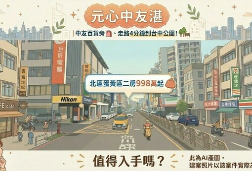 元心中友湛｜中友百貨旁、走路4分鐘到台中公園！北區蛋黃區二房998萬起，值得入手嗎？