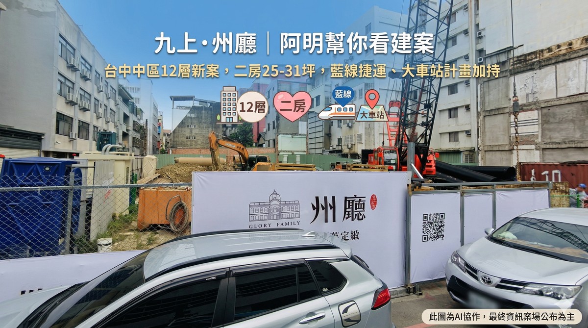 九上·州廳｜阿明幫你看建案 台中中區12層新案，二房25-31坪，藍線捷運、大車站計畫加持
