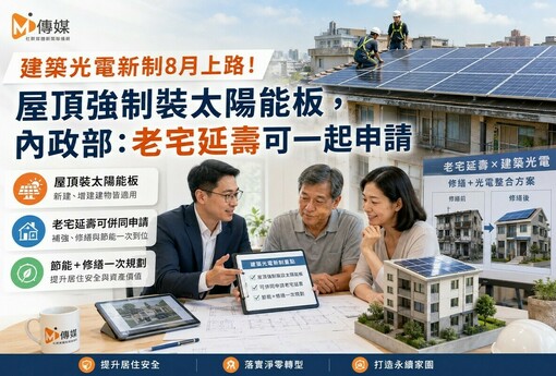 建築光電新制8月上路！屋頂強制裝太陽能板，內政部：老宅延壽可一起申請