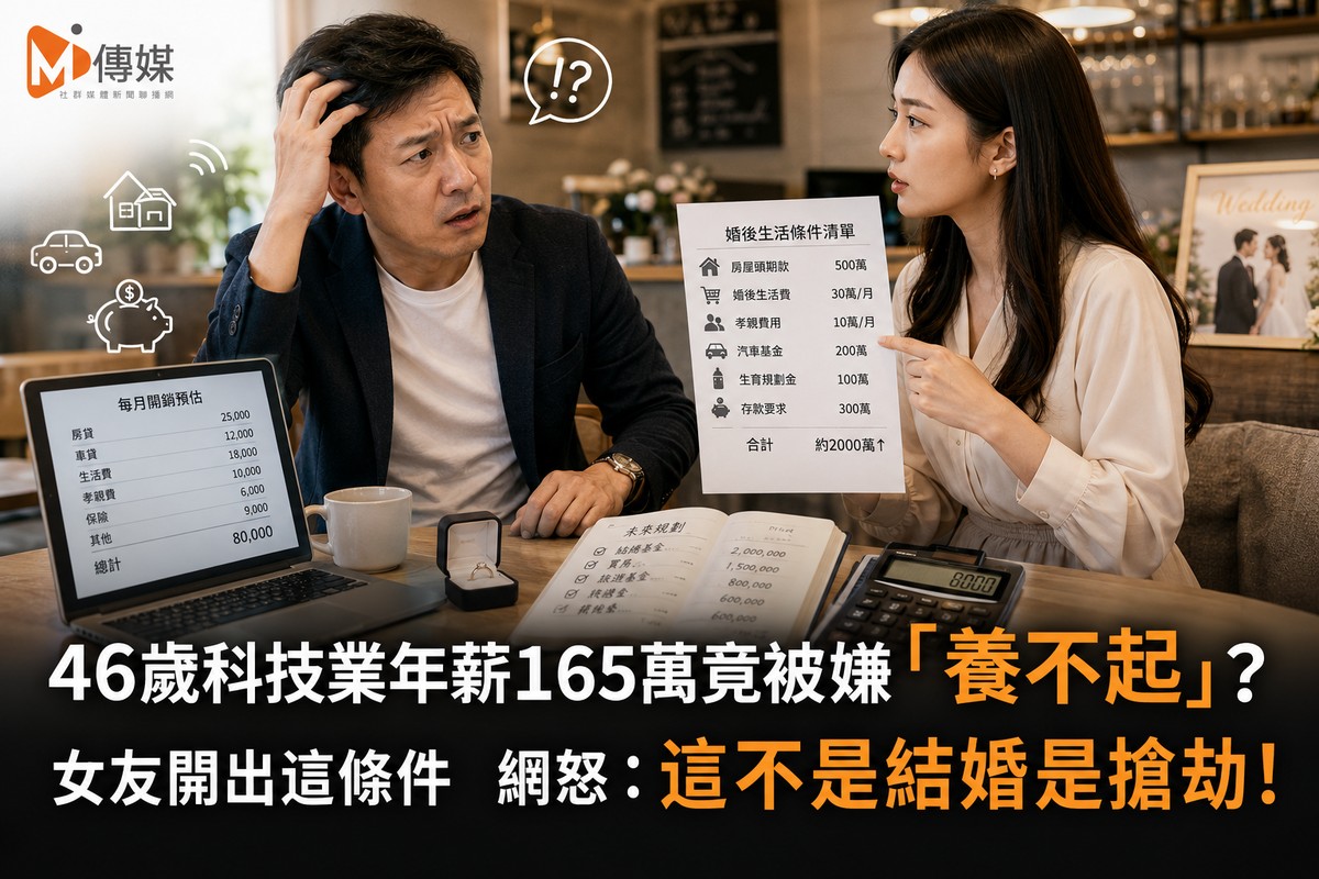 46歲科技業年薪165萬竟被嫌「養不起」？女友開出這條件 網怒：這不是結婚是搶劫！