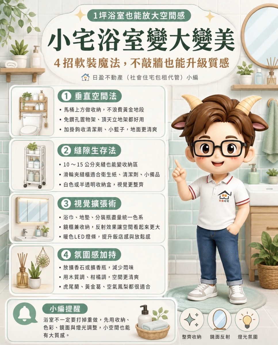 小宅浴室只有1坪?別急著找工班!4招軟裝魔法,不敲牆也能讓浴室變大變美!