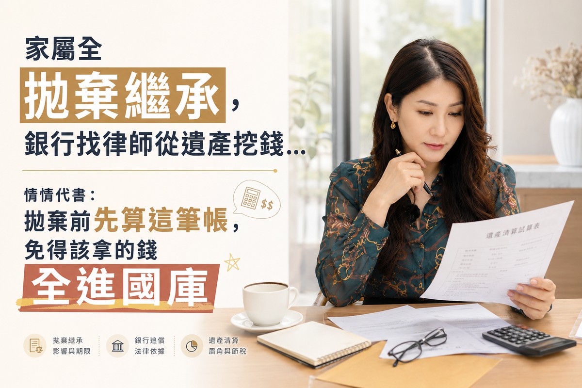 家屬全拋棄繼承，銀行找律師從遺產挖錢…情情代書：拋棄前先算這筆帳，免得該拿的錢全進國庫