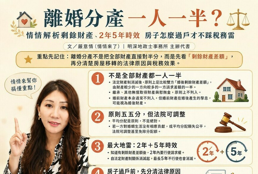 離婚分產一人一半?情情解析剩餘財產、2年5年時效　房子怎麼過戶才不踩稅務雷