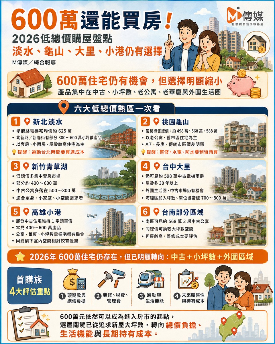 600萬還能買房！2026低總價購屋盤點　淡水、龜山、大里、小港仍有選擇