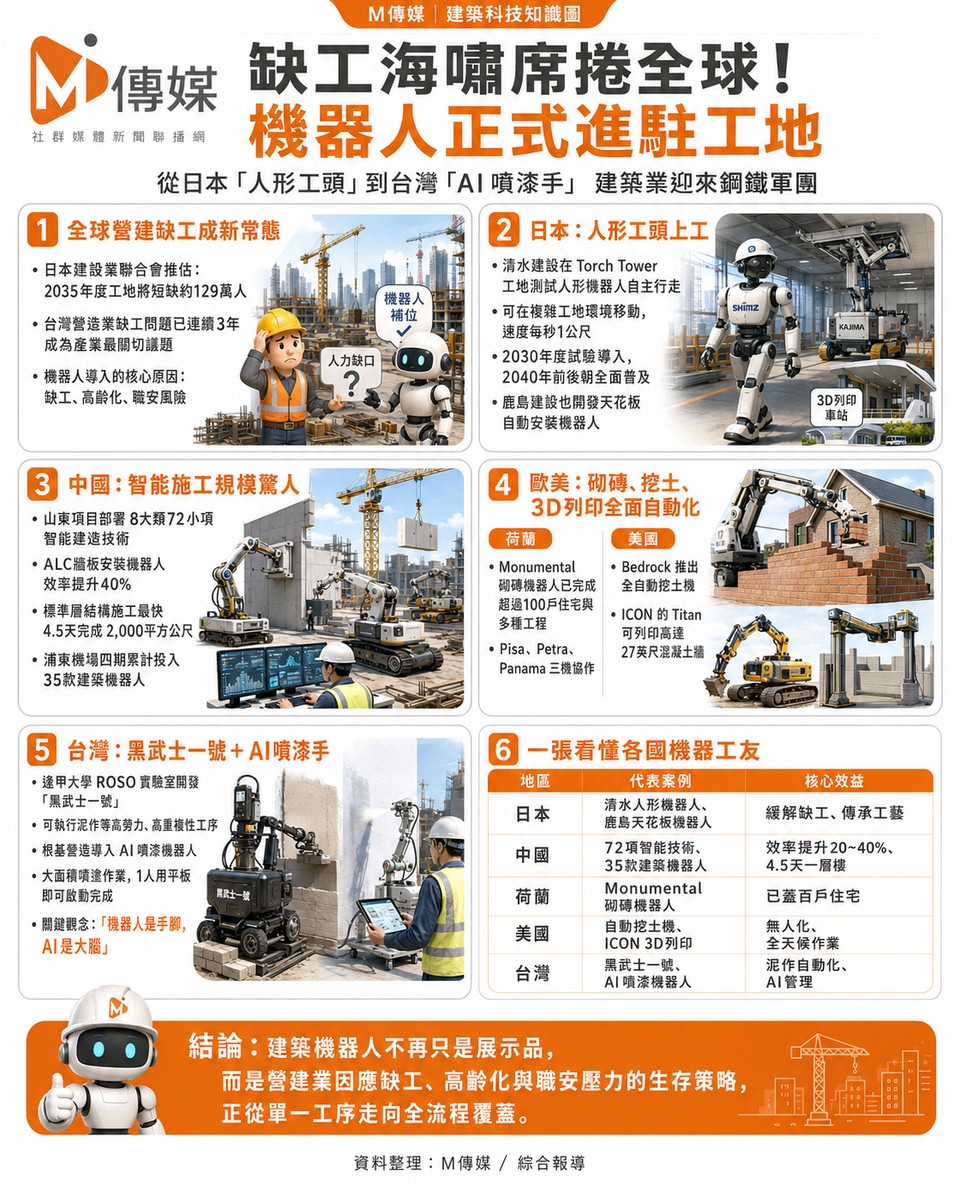 缺工海嘯席捲全球！機器人正式進駐工地 從日本「人形工頭」到台灣「AI噴漆手」，建築業迎來「鋼鐵軍團」