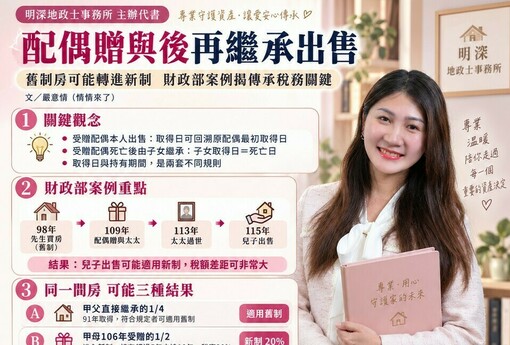 配偶贈與後再繼承出售｜舊制房可能轉進新制　財政部案例揭傳承稅務關鍵