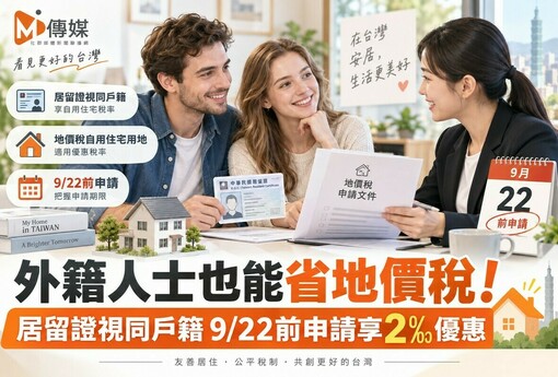 外籍人士也能省地價稅！居留證視同戶籍 9/22前申請享2‰優惠