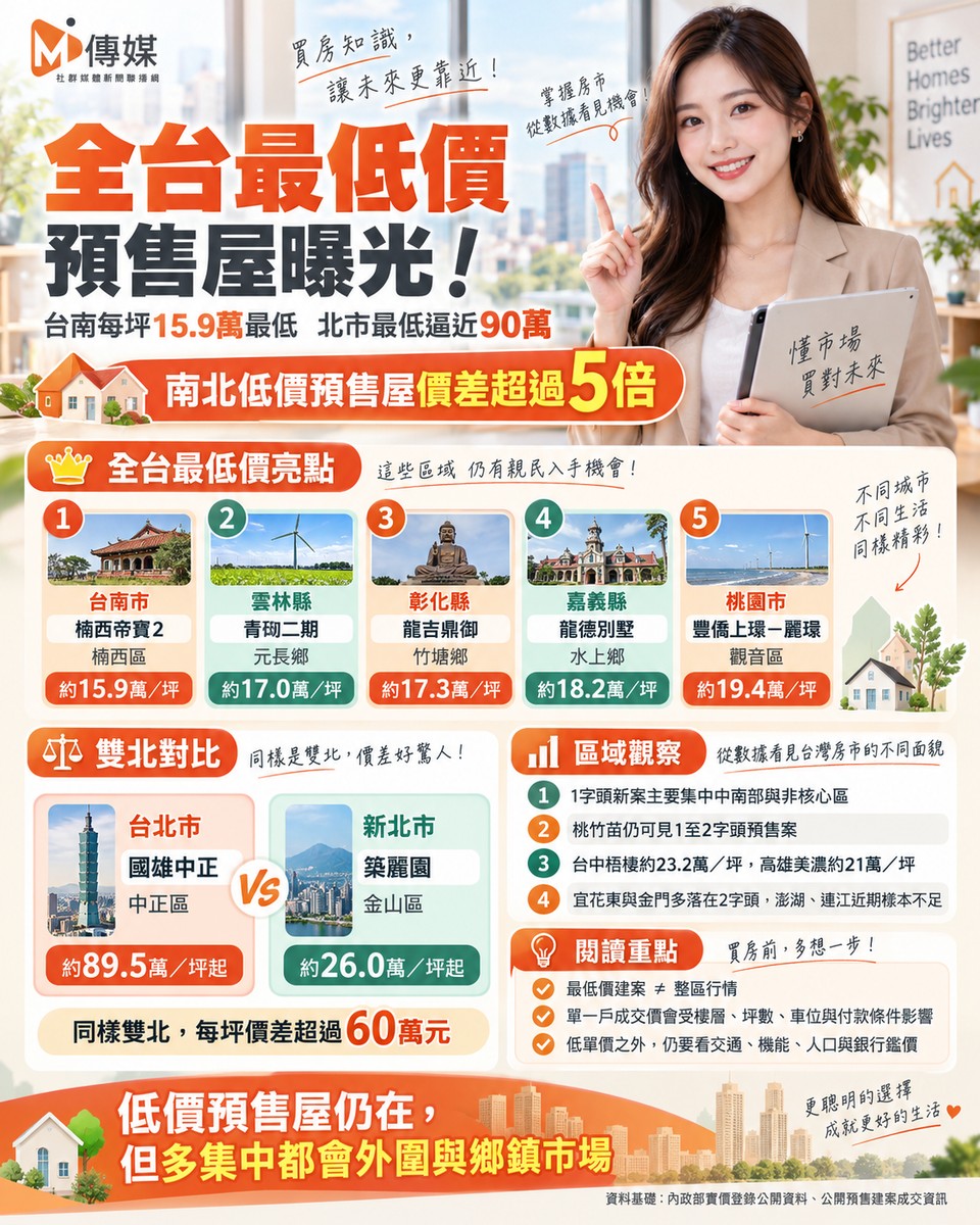 全台最低價預售屋曝光！台南每坪15.9萬　北市最低逼近90萬「價差超過5倍」