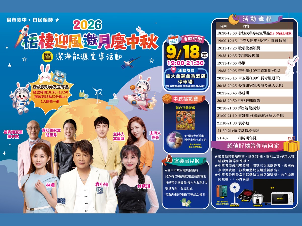 梧棲中秋晚會9/18登場！袁小迪、林姍開唱 20台胖卡餐車進駐震大停車場