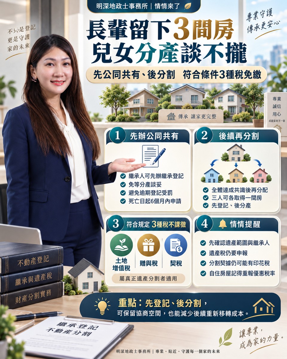 長輩留下3間房，兒女分產談不攏！情情教「先公同共有、後分割」　符合條件3種稅免繳