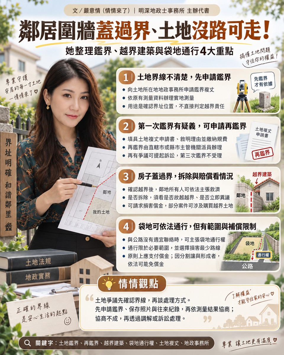鄰居圍牆蓋過界、土地沒路可走！她整理鑑界、越界建築與袋地通行4大重點