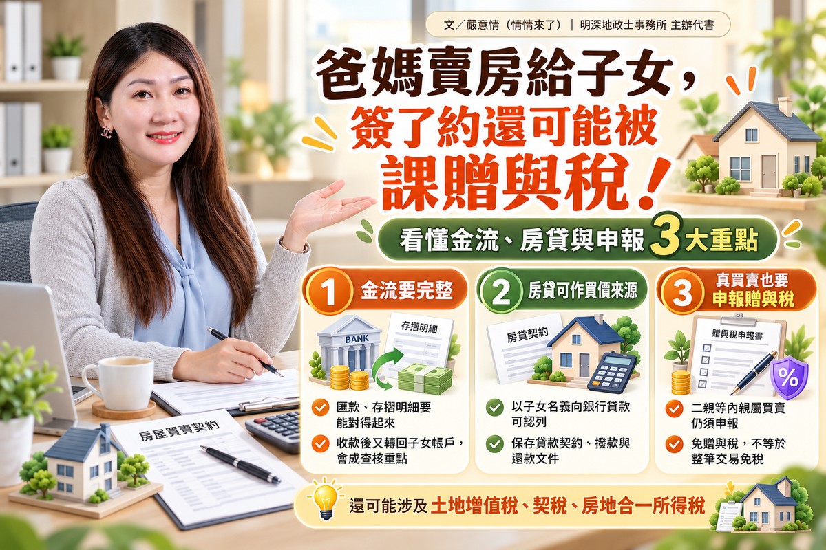 爸媽賣房給子女，簽了約還可能被課贈與稅！情情教你看懂金流、房貸與申報3大重點