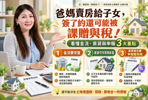 爸媽賣房給子女，簽了約還可能被課贈與稅！情情教你看懂金流、房貸與申報3大重點