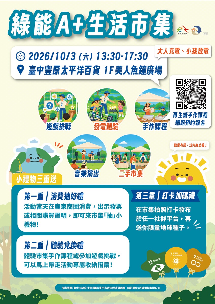 台中綠能A+生活市集10/3豐原登場 發電腳踏車、再生紙手作邀民體驗永續