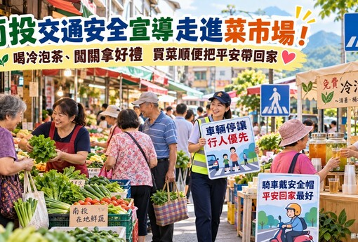 南投交通安全宣導走進菜市場！喝冷泡茶、闖關拿好禮　買菜順便把平安帶回家